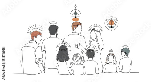 Group of people with halos and religious symbols overhead.