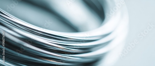 Abstract close up of metallic wire coil with curved lines and blurred background