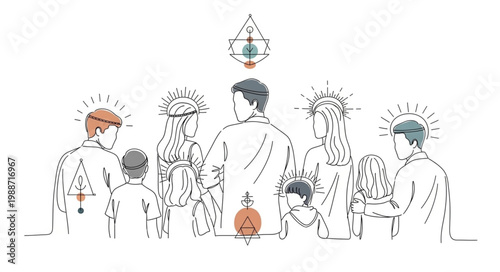 Group of people with spiritual symbols and glowing heads.