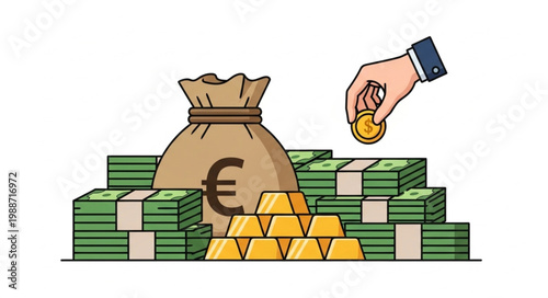Hand adding coin to pile of euro money and gold bars.