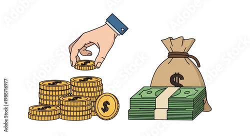 Hand adding coins to stack of gold coins next to money bag and banknotes.