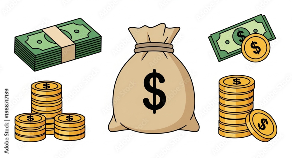 Φωτογραφία Illustration of money bag with dollar sign stacks of cash coins currency
