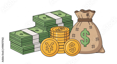 Illustration of money coins and a money bag representing financial wealth and savings 1.