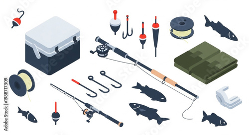 Isometric Fishing Equipment Set for Anglers.