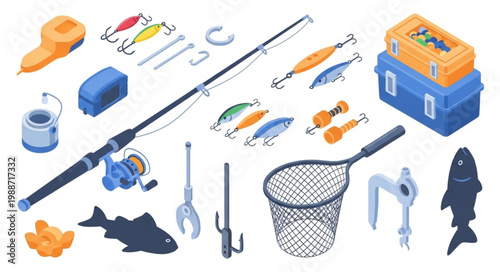 Isometric fishing equipment set with various fishing tools and accessories.