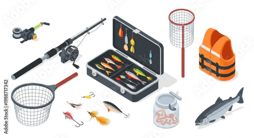 Isometric fishing equipment set with various fishing tools and accessories 1.