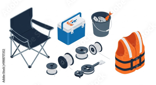 Isometric Fishing Gear and Equipment Collection for Anglers.