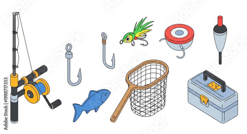 Isometric fishing equipment set with rod hooks lure net and tackle box.