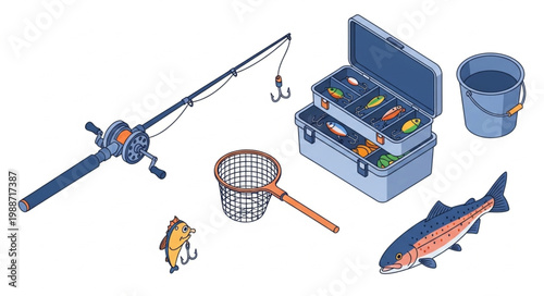 Isometric fishing gear and equipment for catching fish.