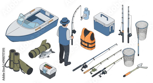 Isometric fishing gear collection with boat rods and accessories for outdoor recreation.