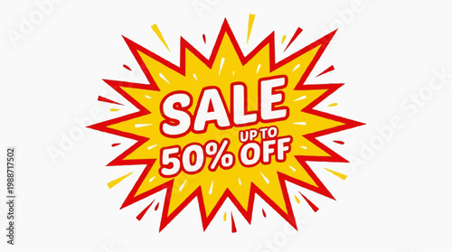 A vibrant vector graphic illustration of a sale sign with up to 50 percent off