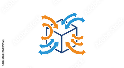 Abstract Concept Depicting Flow: Directional Arrows Surrounding a Cubical Structure