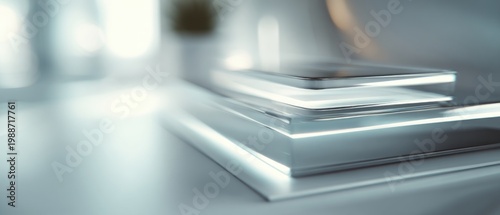 Stack of papers and modern device resting on tabletop studio shot