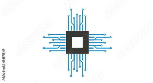 Abstract Digital Circuit Arrangement: Central Processor Unit And Connection Lines On White