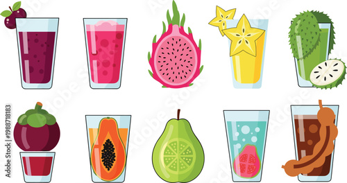 Tropical Exotic Fruit Juice and Refreshing Beverage Vector Illustration Set Featuring Dragon Fruit, Starfruit, Mangosteen, Papaya, and Tamarind for Summer Menu Designs