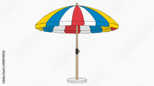 A colorful beach umbrella with a striped canopy and wooden pole