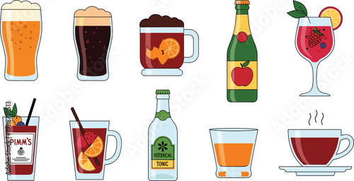 International and Traditional Beverage Vector Illustration Set Featuring Pimm's Cocktail, Beer, Cider, Gluhwein, and Botanical Tonic for Bar Menus and Global Drink Culture Designs