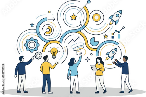 Teamwork Collaboration Illustration, Business Meeting Flat Design, Modern Office