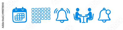 A set of five blue hand-drawn icons for business and scheduling, including a calendar, ringing bell, notification alert, and a meeting symbol. Perfect for planning and management themes.