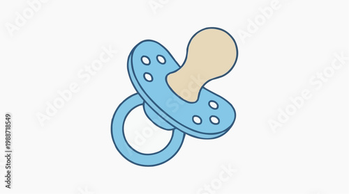 A blue baby pacifier with a beige nipple and ring on a white background
