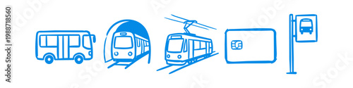Blue hand-drawn icons representing public transport: bus, subway, tram, payment card, and bus stop. Minimalist doodle illustration for urban transit and commuting concepts.