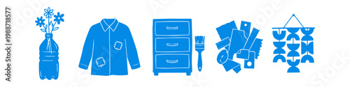 Upcycling and recycling concept icons featuring repurposed plastic bottle vase, mended clothing, refinished furniture, scrap materials, and DIY home decor. Sustainable lifestyle illustration.