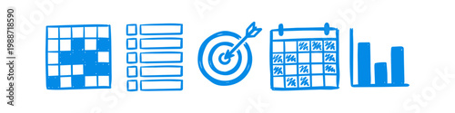 Hand-drawn blue business icons featuring a checklist, target, calendar, and bar chart on a white background. Perfect for productivity, planning, strategy, and project management concepts.