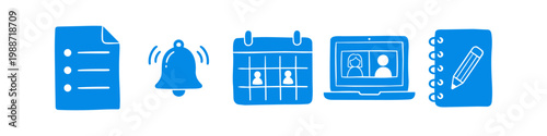 Set of blue hand-drawn icons for business and education, featuring a task list, ringing bell, calendar, video conference laptop, and spiral notebook with pencil on white background.