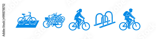 Blue icons illustrating urban cycling: bike lane, rental bicycles, male and female commuters, and bike racks. Perfect for themes of sustainable transport and city infrastructure.