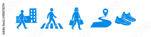Blue icon set representing walking and urban mobility. Includes people walking, a pedestrian crossing, shopping, a path with a location pin, and a pair of sneakers. Minimalist vector illustration.
