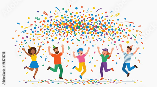 A colorful illustration of people celebrating with confetti and party decorations