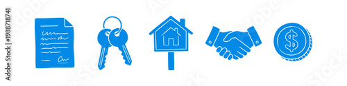 Blue real estate icon set featuring a signed contract, house keys, for sale sign, handshake, and a dollar coin, symbolizing the steps of a property transaction on a white background.