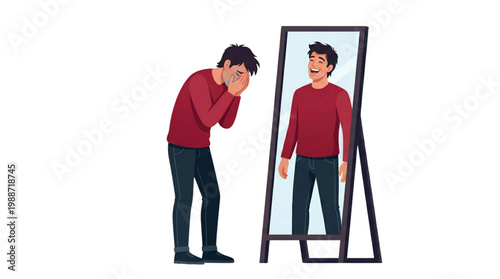 Distressed crying man looking in mirror with a laughing reflection representing world schizophrenia day, illustrating bipolar disorder, split personality, and inner conflict.
