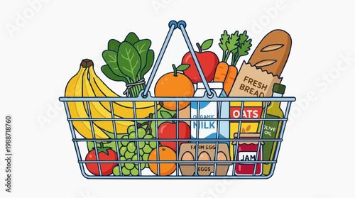 A colorful illustration of a shopping basket filled with fresh groceries and food items