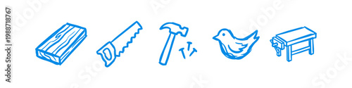Hand-drawn blue icons for woodworking and birdhouse building projects, featuring a wood plank, saw, hammer with nails, a bird, and a workbench. Perfect for DIY and craft themes.