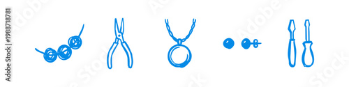Blue hand-drawn icon set featuring jewelry making tools and accessories like pliers, screwdrivers, a necklace, pendant, and stud earrings on a white background.