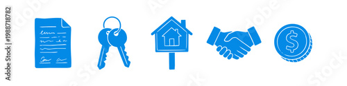 Blue hand-drawn real estate icons featuring a contract, house keys, for sale sign, handshake, and dollar coin, representing the home buying process on a white background.