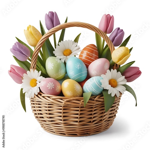 Easter basket filled with colorful decorated eggs, tulips, and daisies isolated on white background