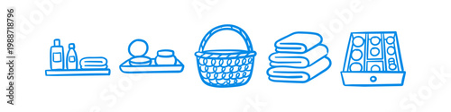 Blue hand-drawn icon set of bathroom organization items including towels, a basket, and toiletries. Minimalist doodle style for spa, hygiene, and wellness themed designs.
