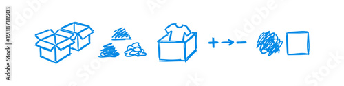 Blue hand-drawn doodle showing the process of decluttering and organizing items into boxes, representing simplification and lifestyle tidying.