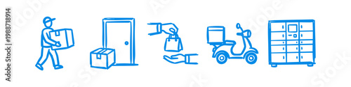 Set of blue hand-drawn icons for delivery services, including a courier, contactless doorstep drop-off, hand-to-hand exchange, a delivery scooter, and a smart parcel locker.
