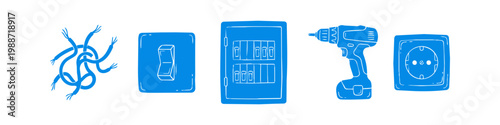 Set of blue hand-drawn electrical icons including wires, light switch, fuse box, cordless drill, and power outlet on a white background. Ideal for DIY, construction, and repair themes.