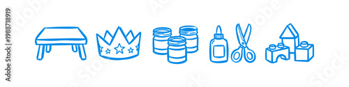 Set of blue hand-drawn doodle icons featuring a table, crown, jars, glue bottle, scissors, and building blocks on a white background. Perfect for educational and craft-themed designs.