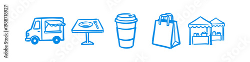 Blue hand-drawn doodle icons representing food and commerce, featuring a food truck, restaurant table, takeaway coffee, shopping bag, and market stall on a white background.