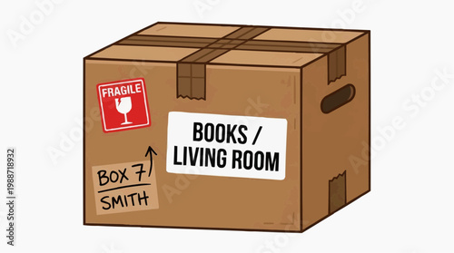 A vector graphic illustration of a cardboard box labeled for moving with fragile stickers and labels