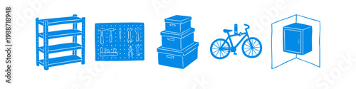 Blue hand-drawn icons showing garage storage and organization solutions like shelving units, tool pegboards, storage boxes, bicycles, and wall cabinets on a white background.