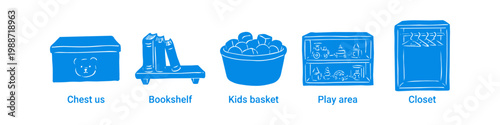 Hand-drawn blue icons for nursery storage: toy chest, bookshelf, kids basket, play area, and closet. Perfect for home organization, decluttering, and child room design concepts.