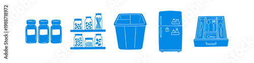 Hand-drawn blue icons of kitchen organization including spice jars, pantry shelves, refrigerator, recycling bin, and cutlery drawer. Set of household storage illustrations.