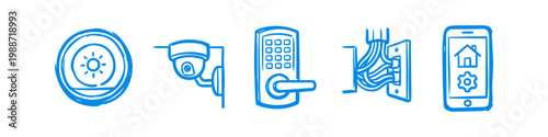 Hand-drawn blue icons of smart home technology including a security camera, electronic door lock, thermostat, wiring, and smartphone app control. Perfect for home automation concepts.