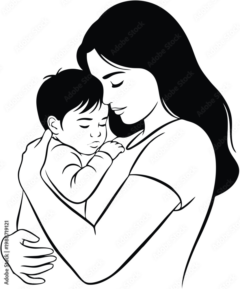 Obraz premium Tender Line Art Illustration of a Mother Hugging Her Sleeping Infant Representing Maternal Love Parental Care Nurturing Bond and Family Comfort